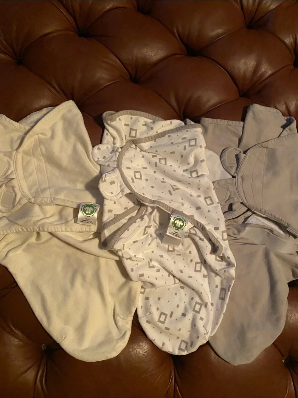 Organic Cotton Baby Swaddle Blanket Set in Cream, Patterned Gray, and Light Gray